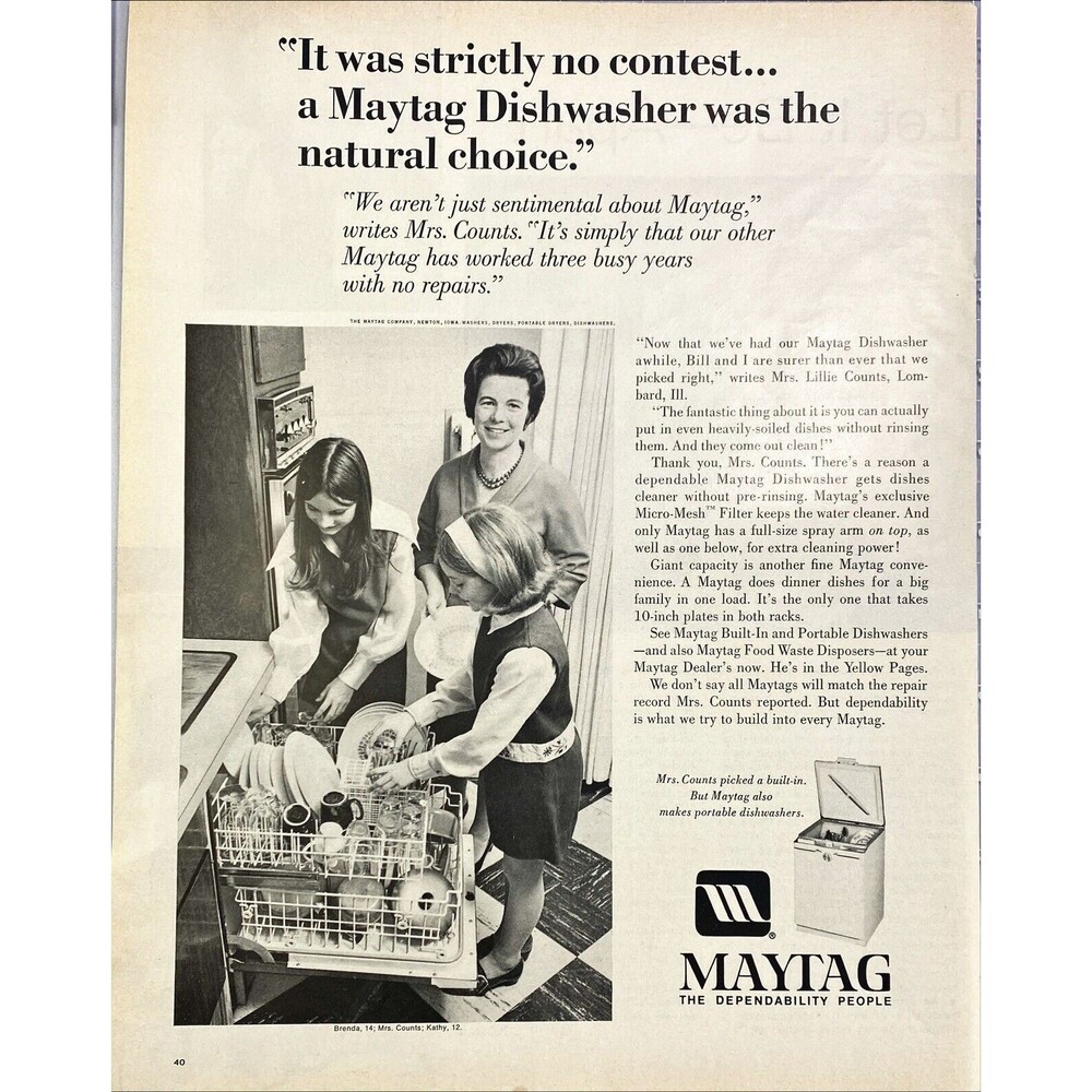 Maytag Dishwasher "It was No Contest-the Natural Choice" Vintage Print Ad 1970